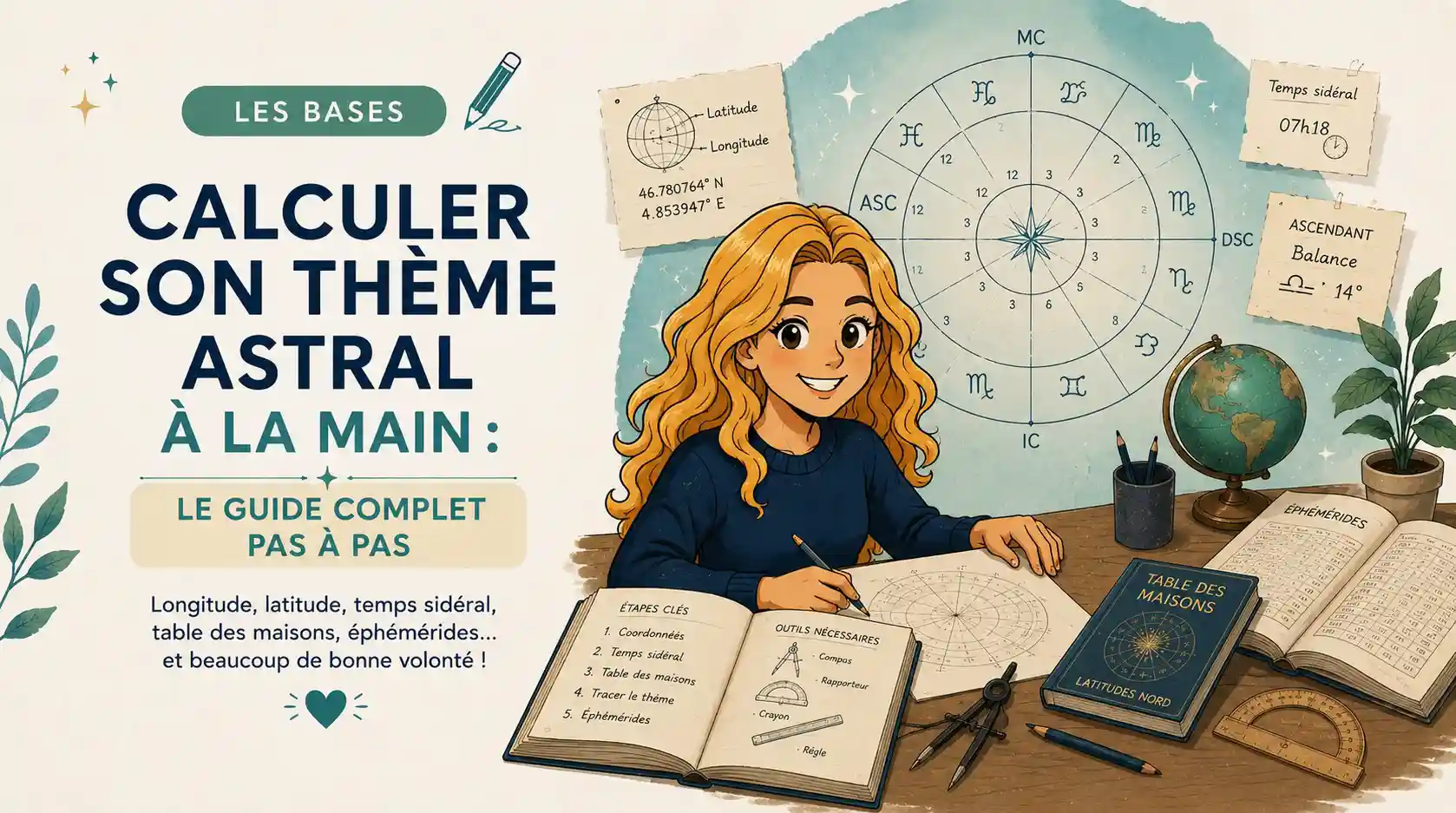 Calcul manuel d'un thème astral avec table des maisons, éphémérides et cercle astrologique