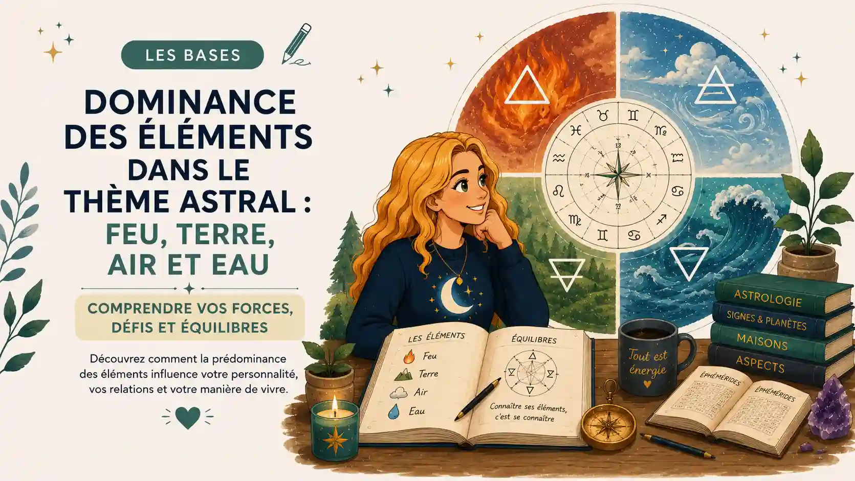Illustration des quatre éléments en astrologie : feu, terre, air et eau