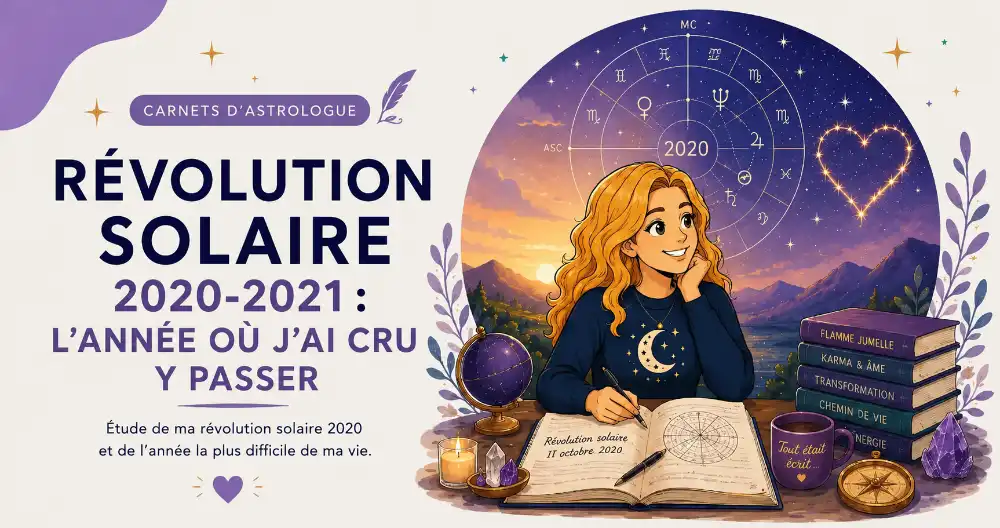 Illustration d'une révolution solaire 2020-2021 avec roue astrologique et ambiance introspective