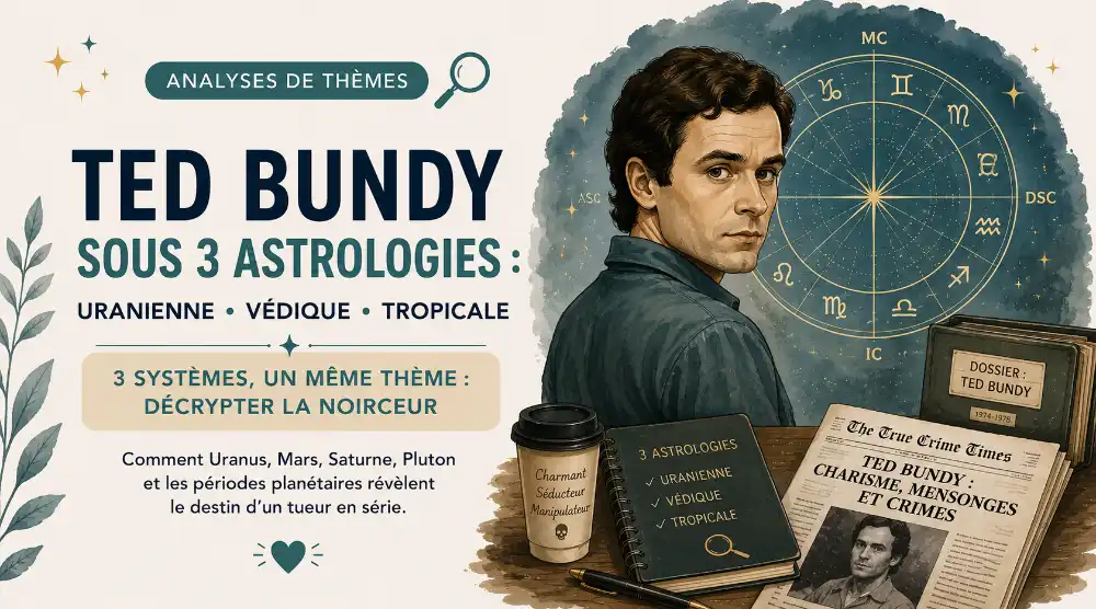 Illustration du thème astrologique de Ted Bundy comparé en astrologie uranienne, védique et tropicale