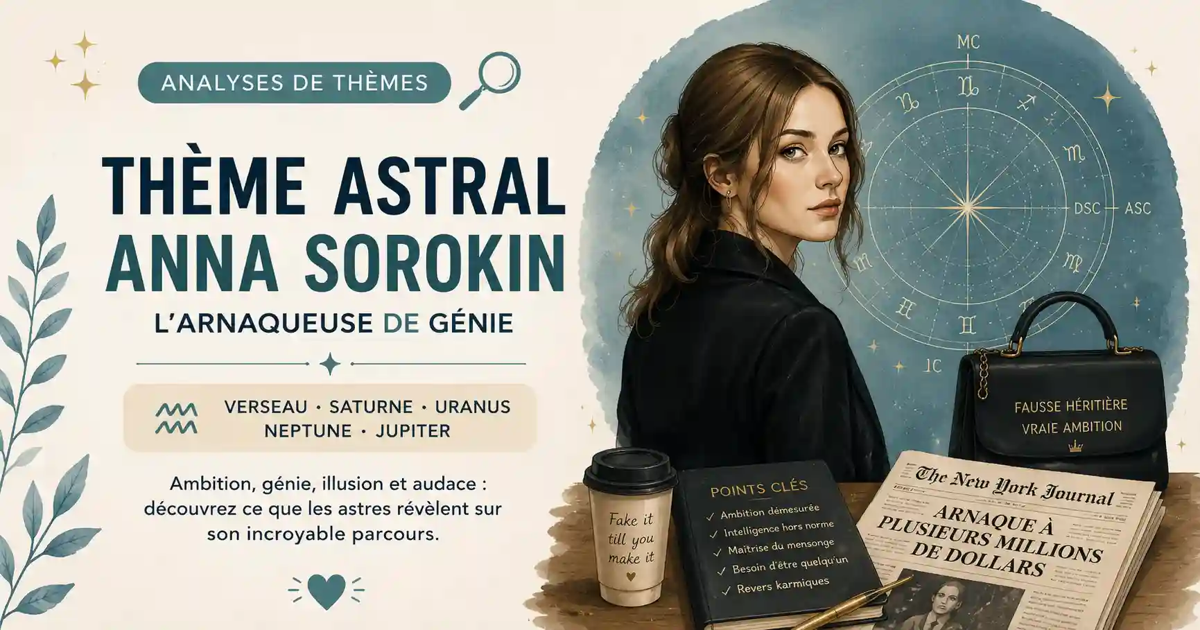 Illustration du thème astral d'Anna Sorokin, héroïne de la série Inventing Anna
