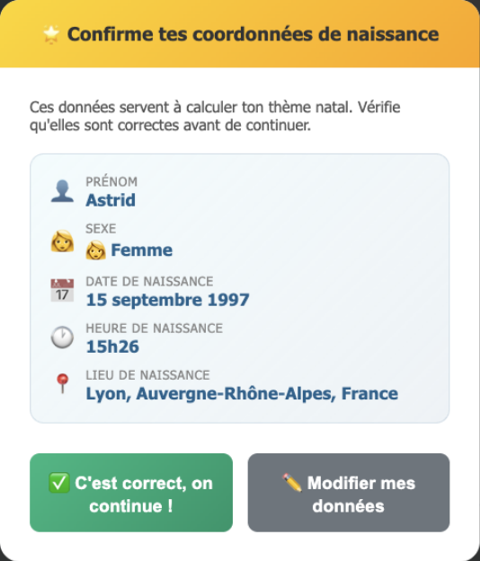 Fenêtre de confirmation des coordonnées de naissance