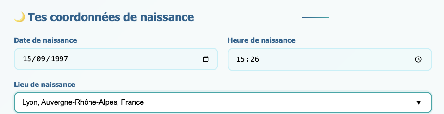 Champs de date, heure et lieu de naissance dans le formulaire