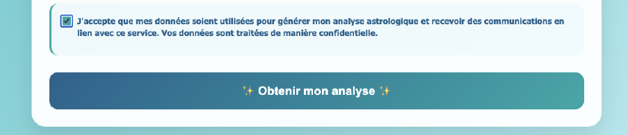 Case de consentement et bouton Obtenir mon analyse dans Ta Sélection